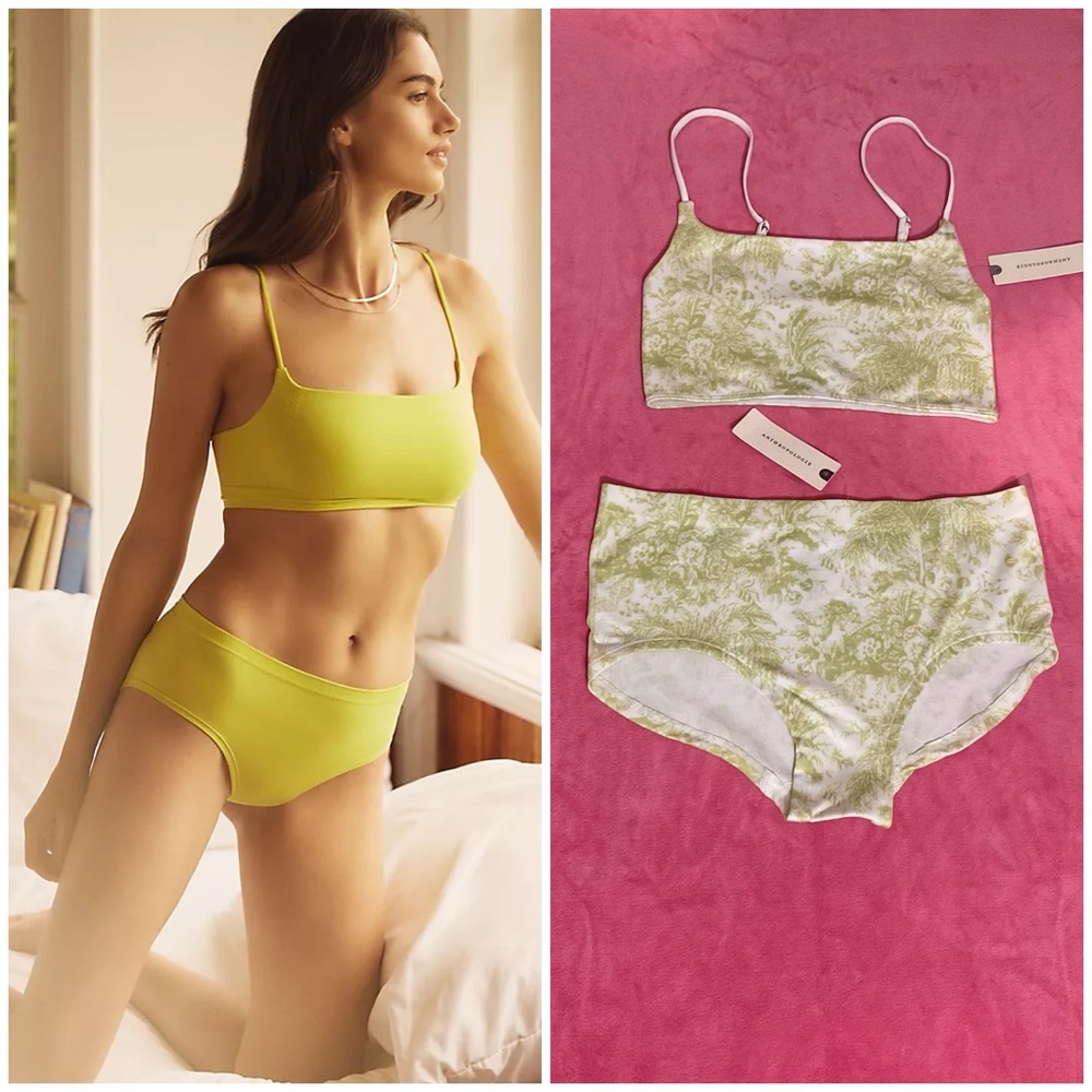 NWT anthropologie light green toile printed bralette and brief set XS